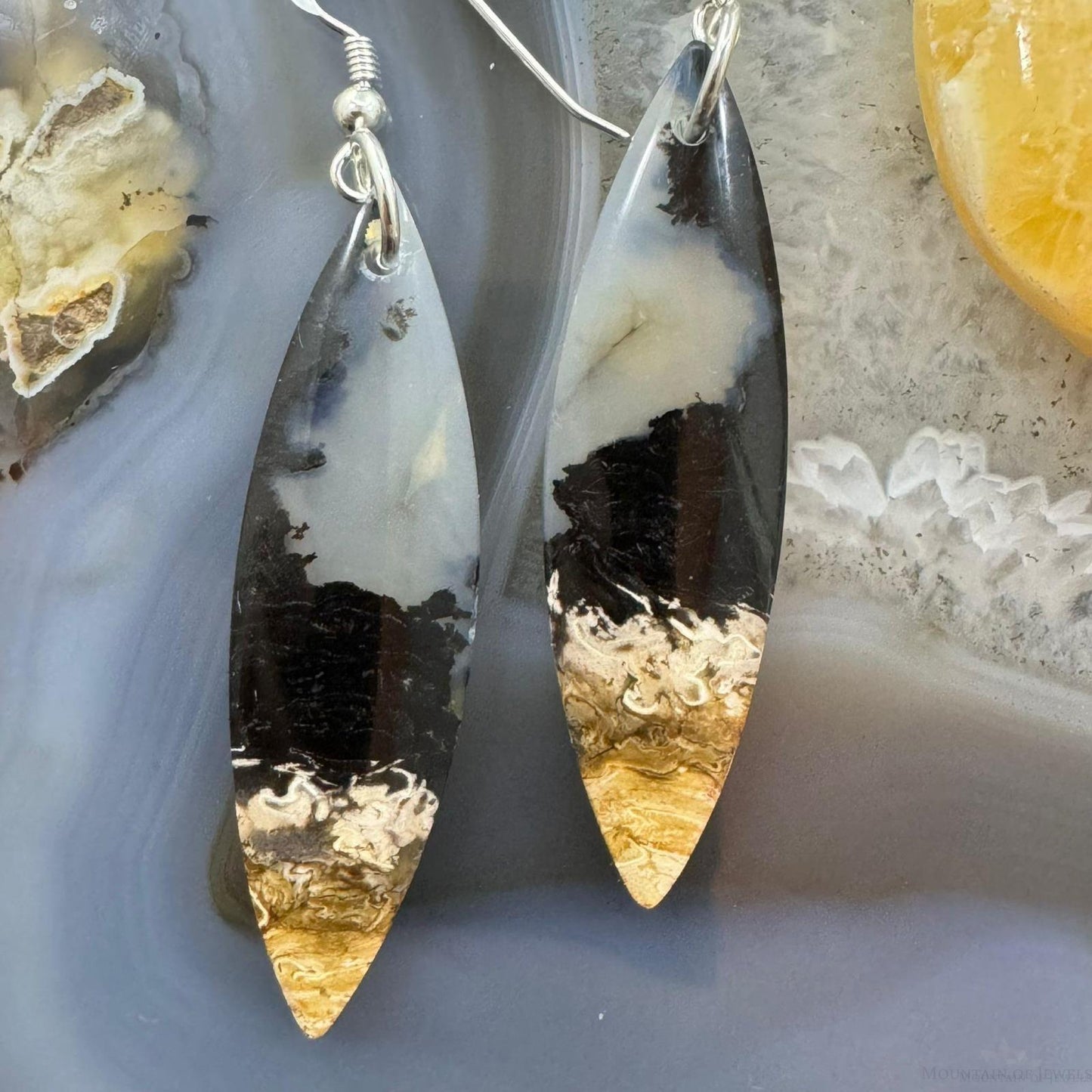 Sterling Silver Elongated Marquise Plum Root Jasper Slab Dangle Earrings For Women #201