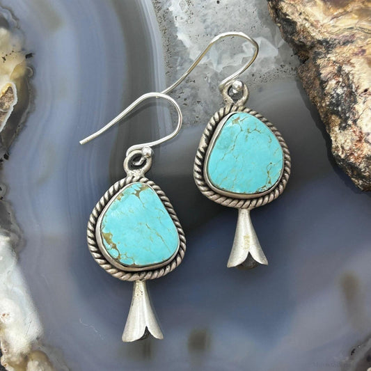 Sterling Silver Southwestern Style Turquoise Squash Blossom Dangle Earrings For Women #4