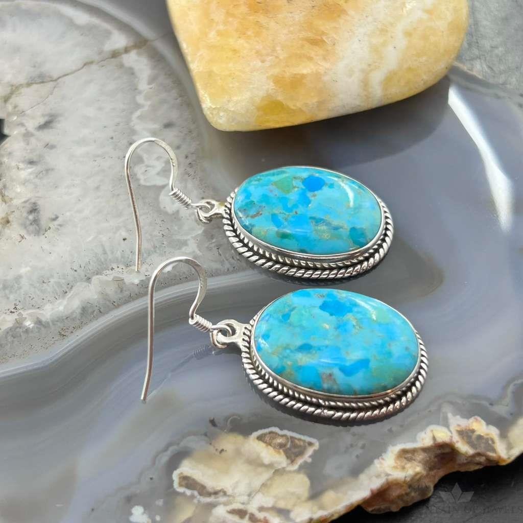 Sterling Silver Southwestern Style Oval Mojave Turquoise Dangle Earrings For Women