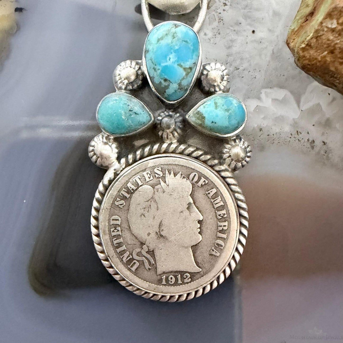 Genuine 1912 90% Silver Barber Head Dime Coin Mohave Turquoise Unisex Pendant