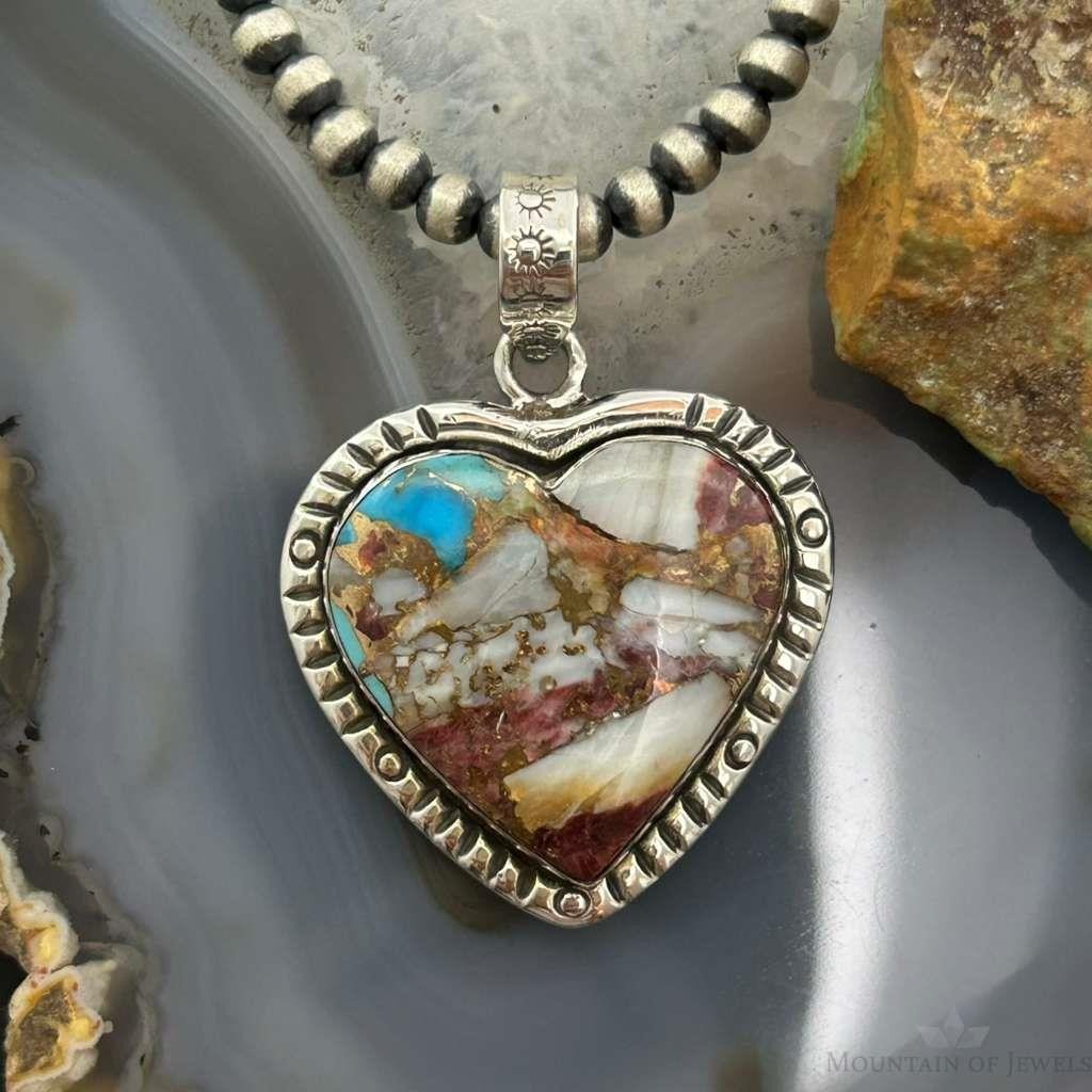 Sterling Silver Southwestern Style Turquoise Spiny Oyster Heart Pendant For Women