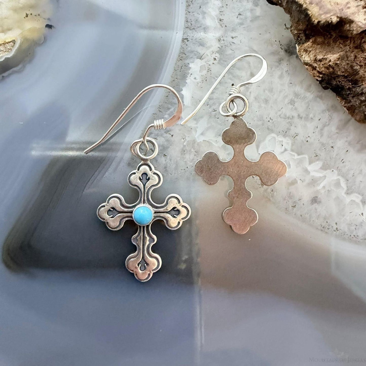 Sterling Silver Southwestern Style Turquoise Cross Dangle Earrings For Women