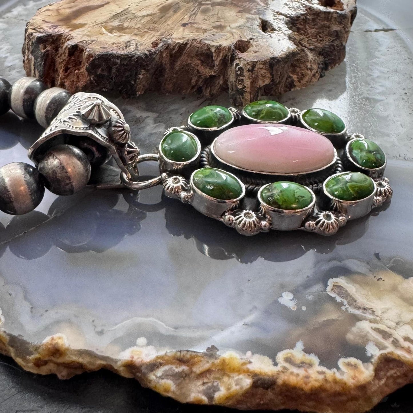 Native American Sterling Silver Sonora Gold Turquoise & Pink Conch Cluster Pendant For Women