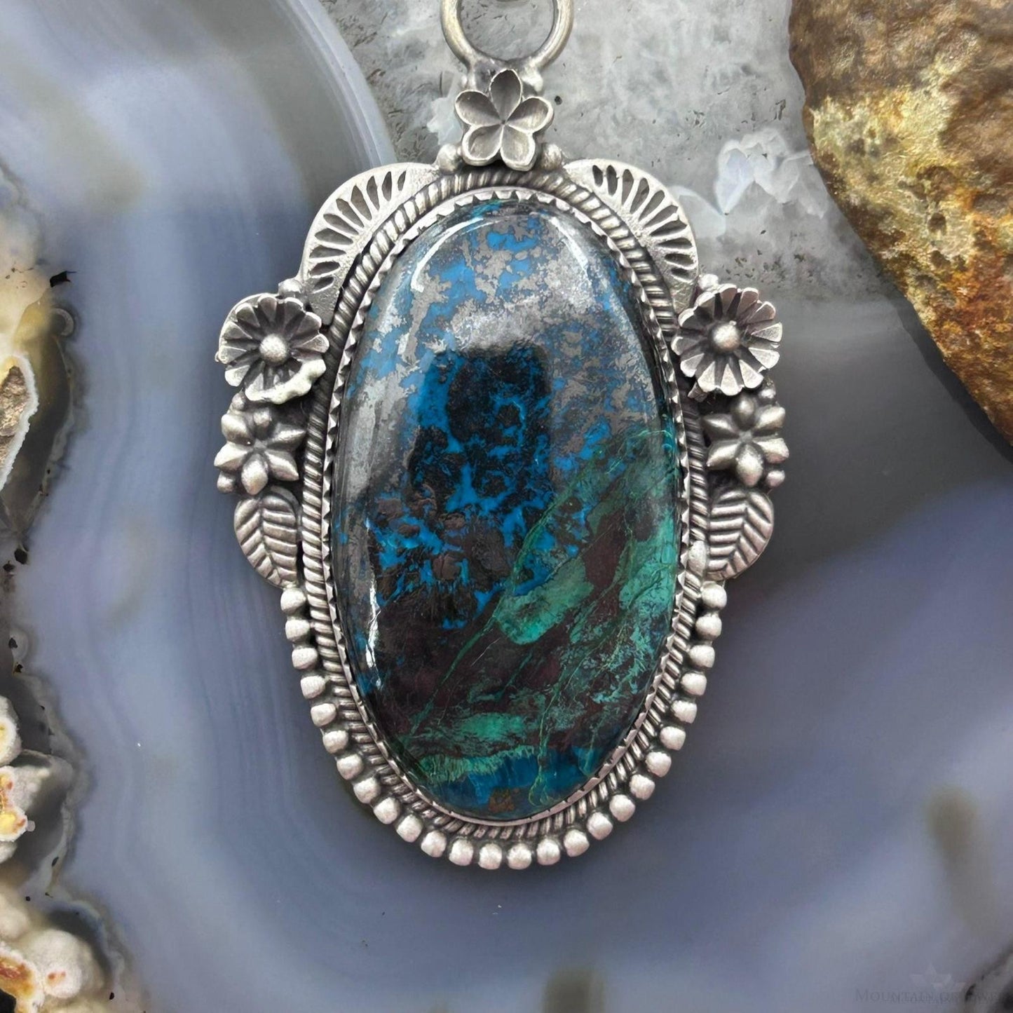 Sterling Silver Southwestern Style Oval Chrysocolla Decorated Pendant For Women