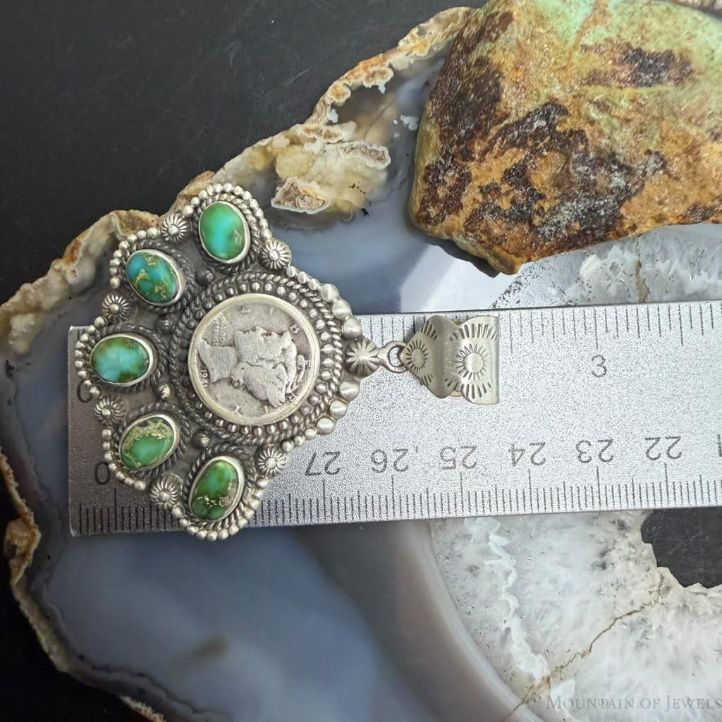 Sterling Silver Southwestern Style 1941 Mercury Dime & Sonora Gold Turquoise Pendant