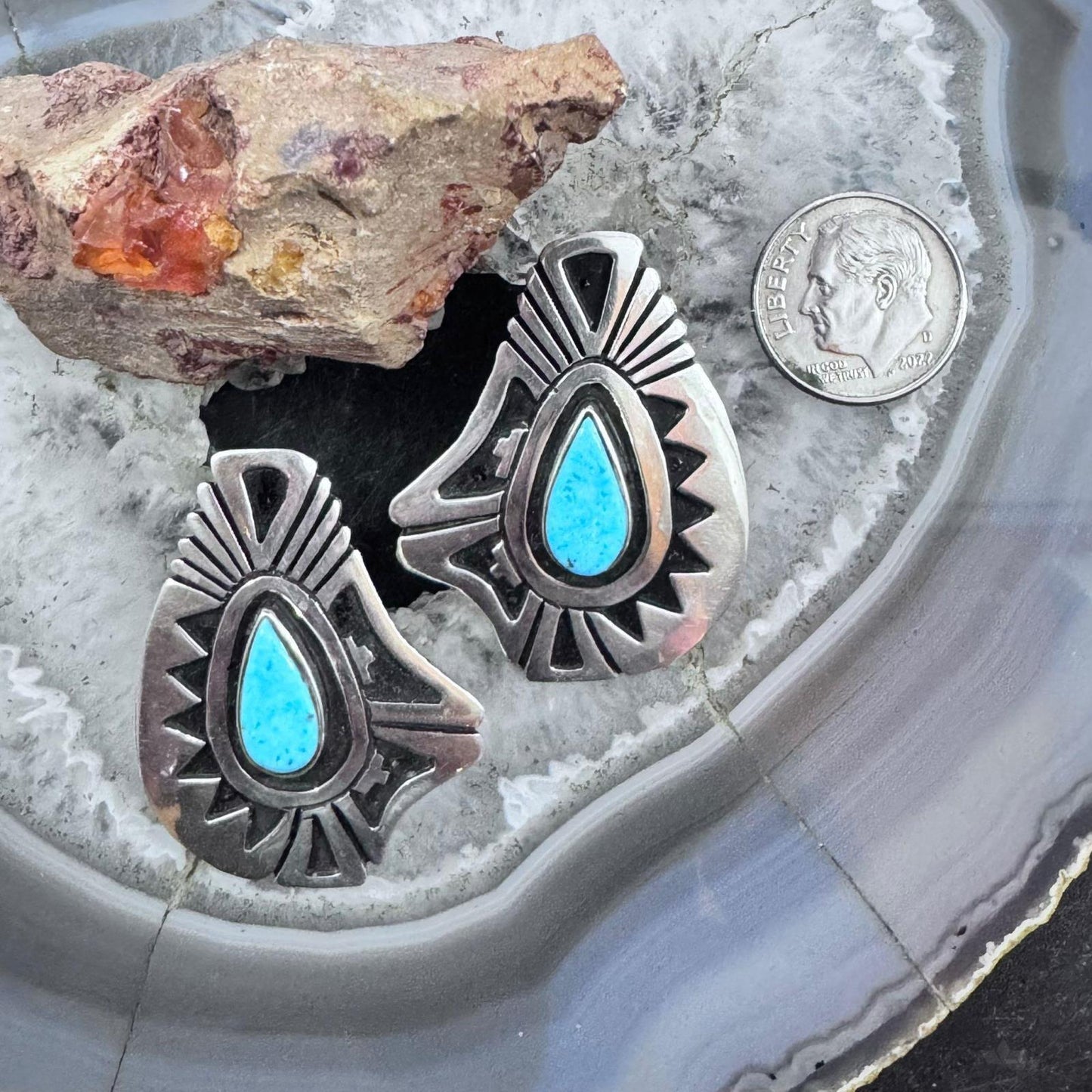 Abraham Begay Native American Sterling Silver Teardrop Turquoise Overlay Post Earrings For Women