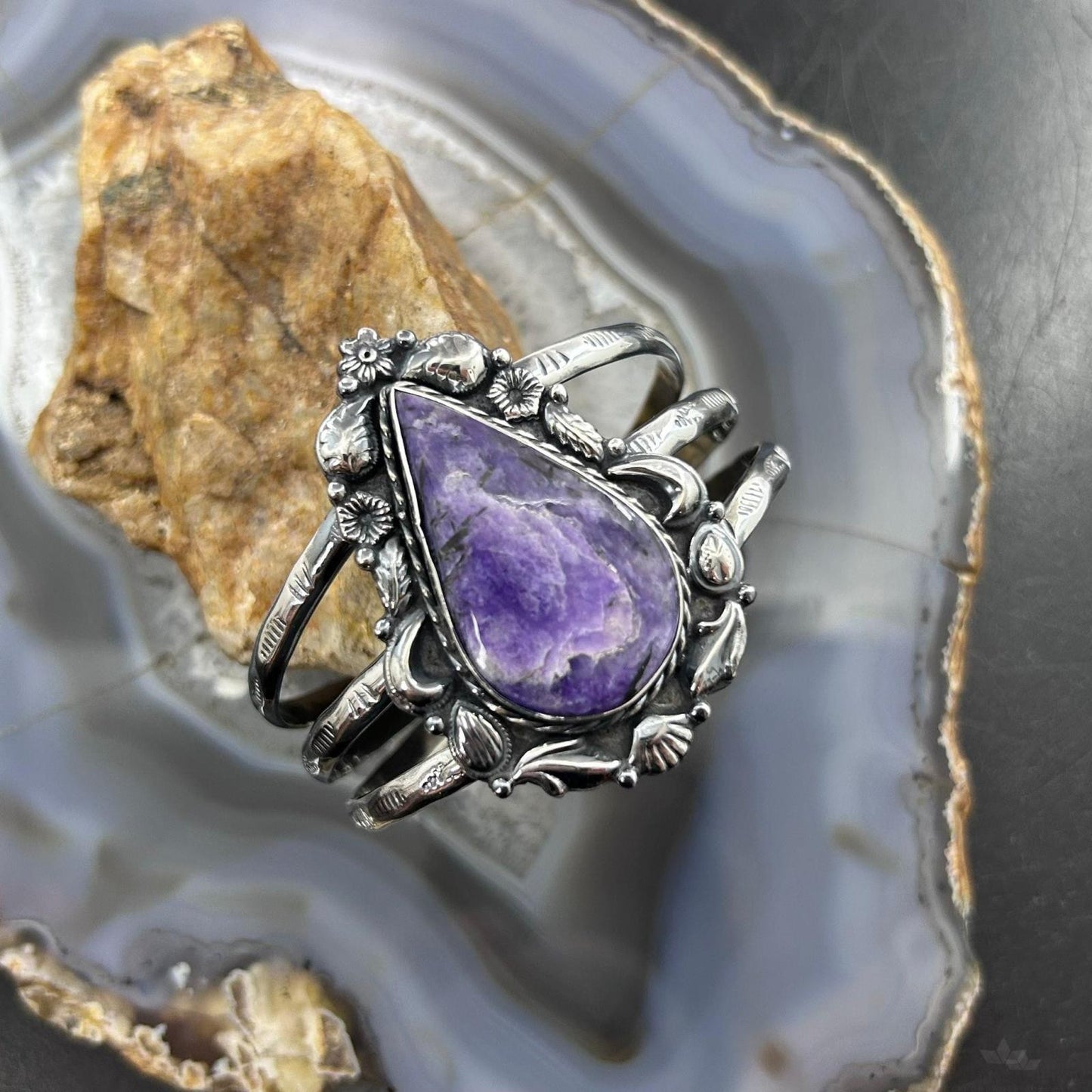 Sterling Silver Southwestern Style Large Teardrop Charoite Decorated Bracelet For Women