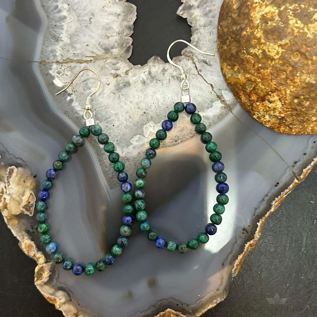 Sterling Silver 4mm Rounded Azurite Malachite Hoop Dangle Earrings For Women