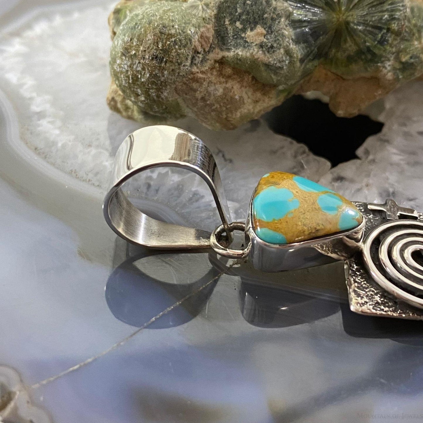 Alex Sanchez Native American Sterling Silver Turquoise Petroglyph Long Unisex Pendant