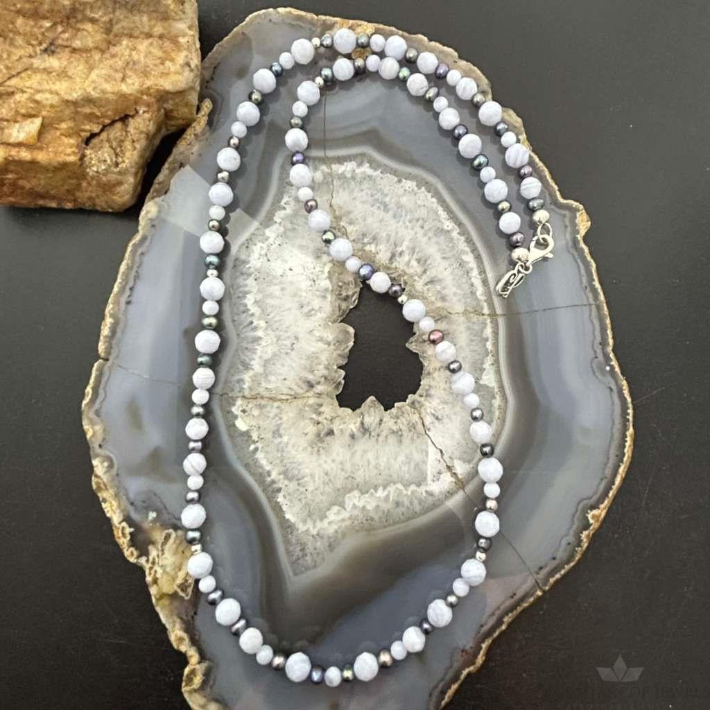 Carolyn Pollack Sterling Silver  Blue Lace Agate &Eggplant Pearl Bead Necklace For Women