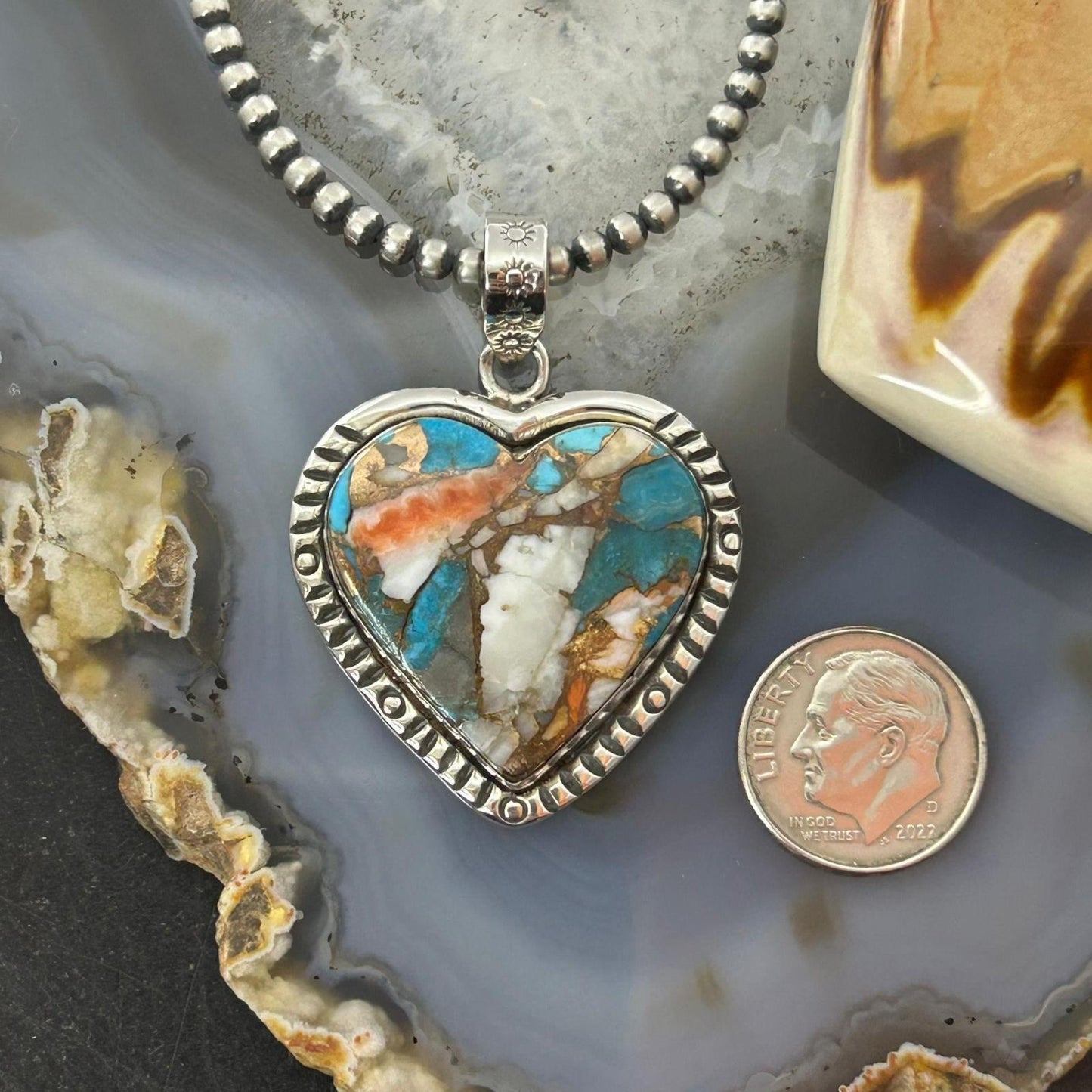 Sterling Silver Southwestern Style Turquoise Spiny Oyster Heart Pendant For Women