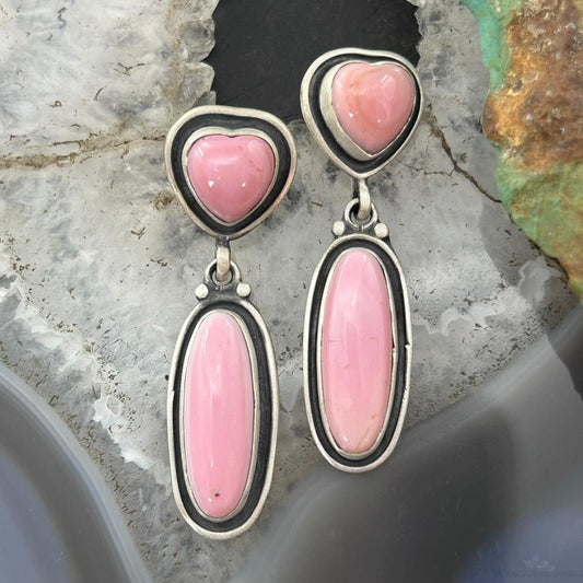 Native American Sterling Silver Pink Conch Heart & Oval Dangle Earrings For Women