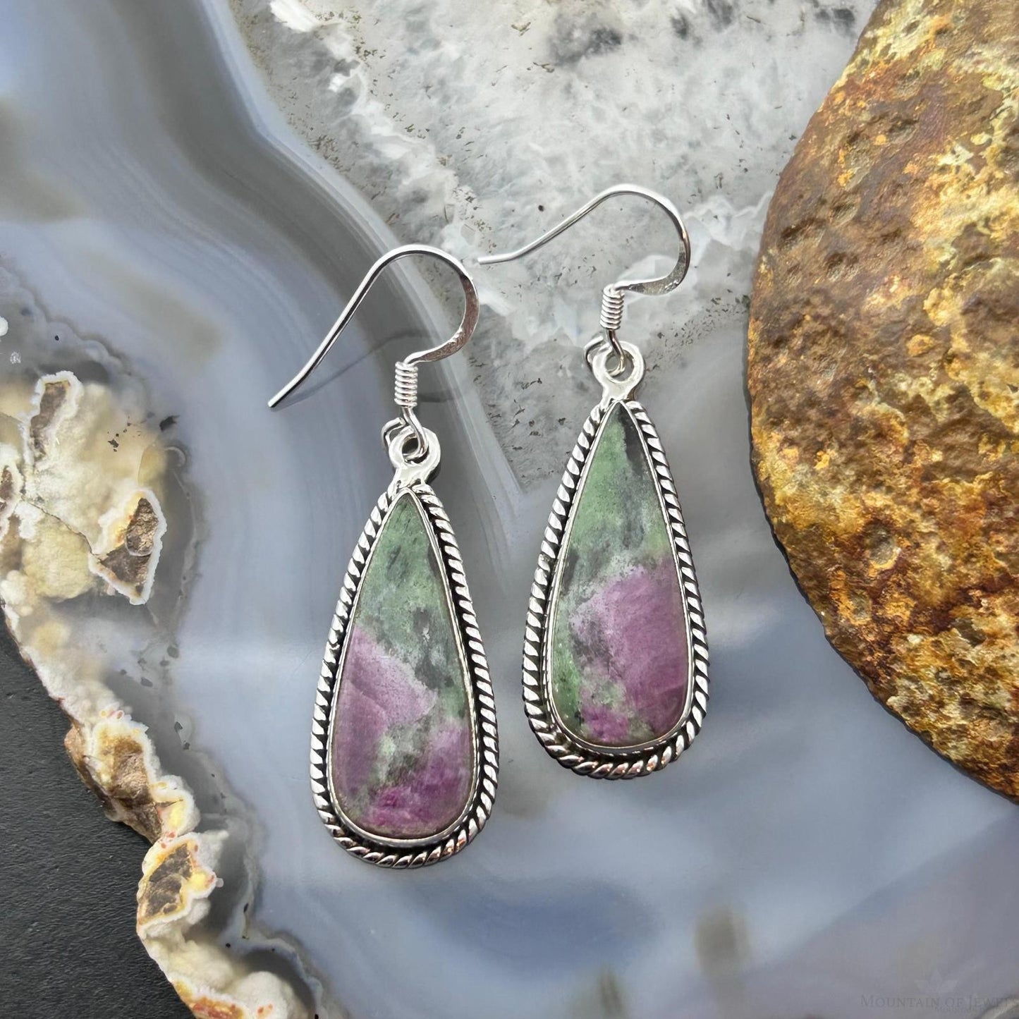Sterling Silver Southwestern Style Teardrop Ruby Zoisite Dangle Earrings For Women