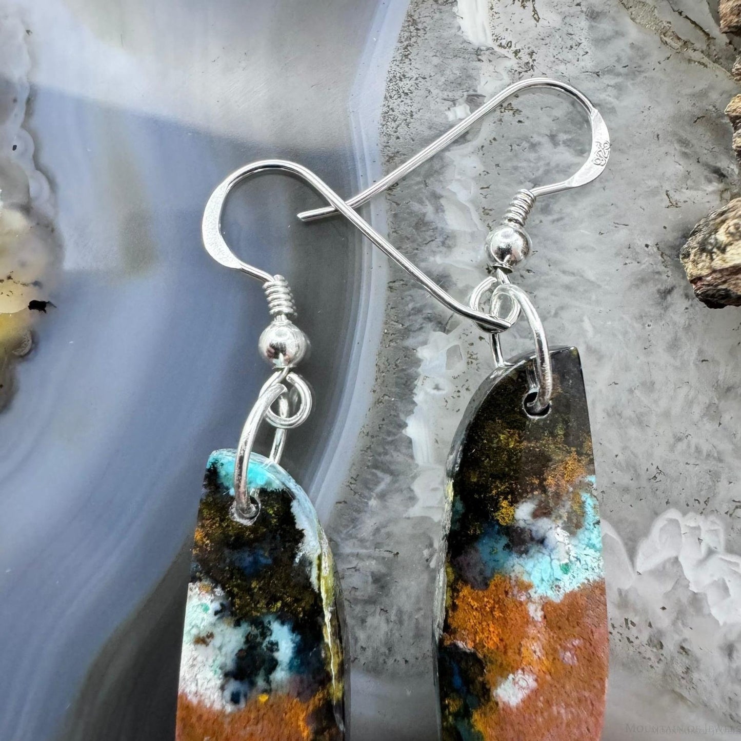 Sterling Silver Tilde Shape Chrysocolla Slab Dangle Earrings For Women #228