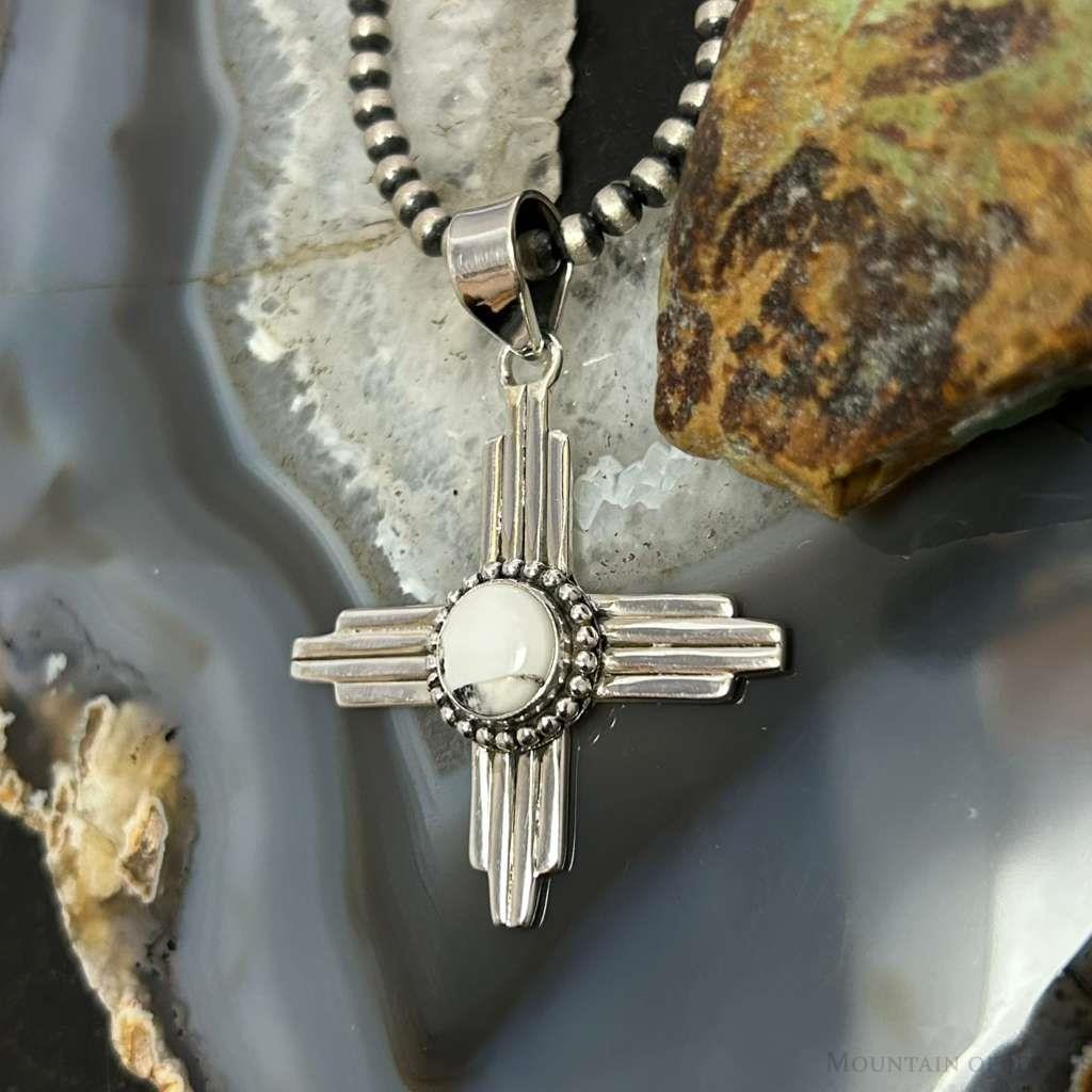 Sterling Silver Southwestern Style Round White Buffalo Unisex Zia Pendant #2