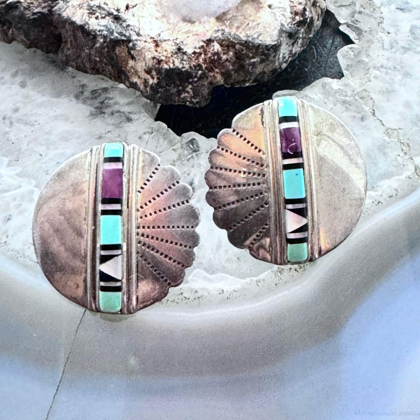 Vintage Native American Silver Multi Stone Inlay Rounded Stud Earrings For Women