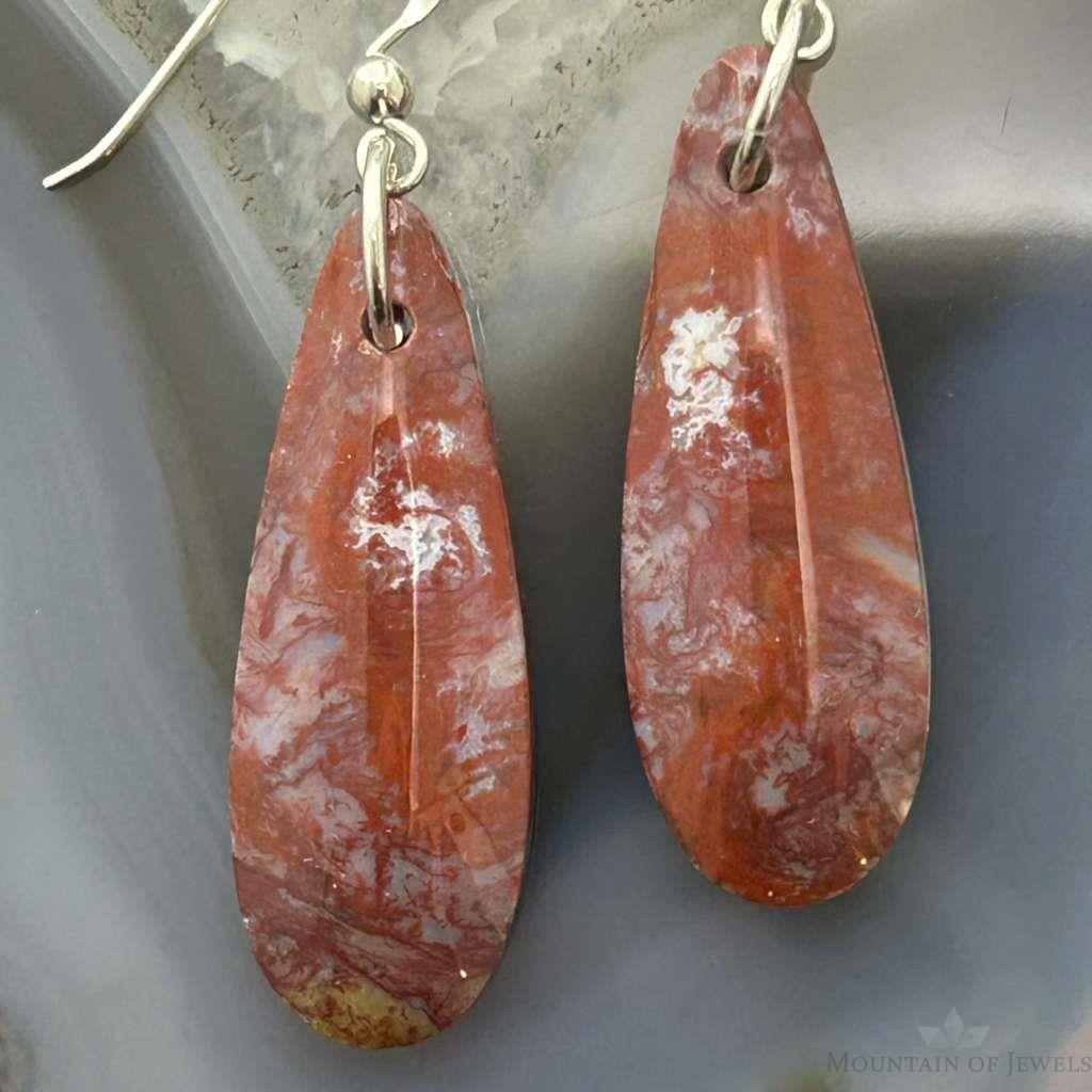 Sterling Silver Teardrop Plum Moss Agate Slab Dangle Earrings For Women #536