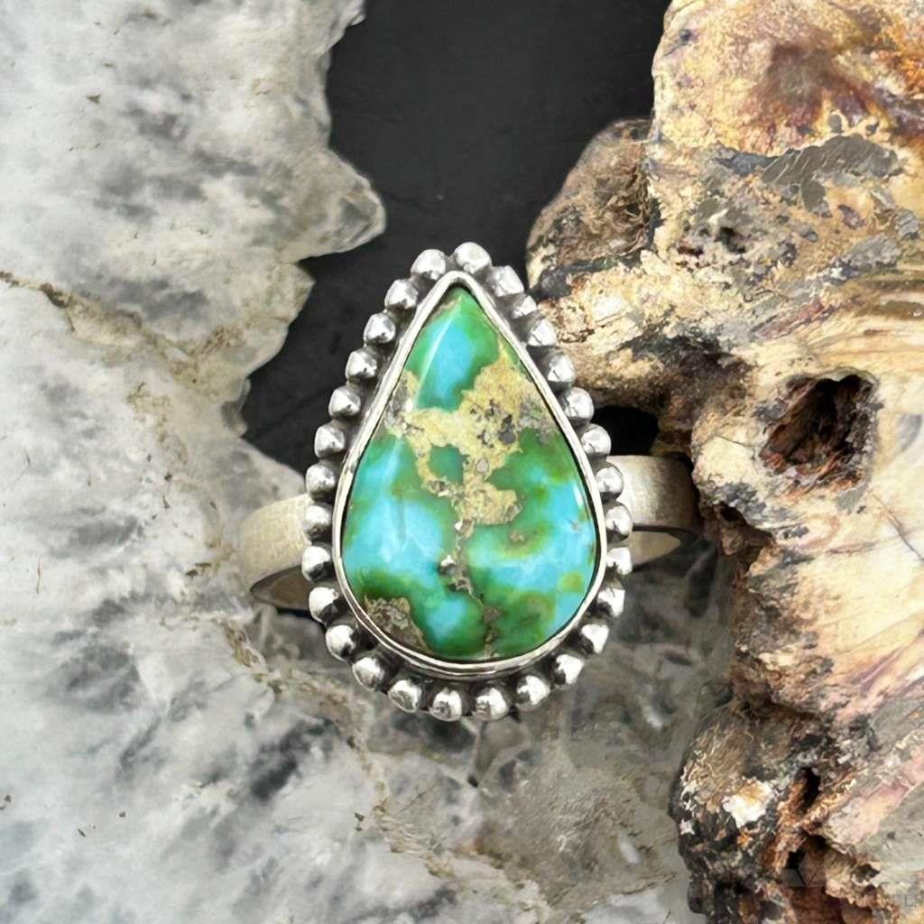 Sterling Silver Southwestern Style Teardrop Sonora Gold Turquoise Adjustable Ring For Women #2