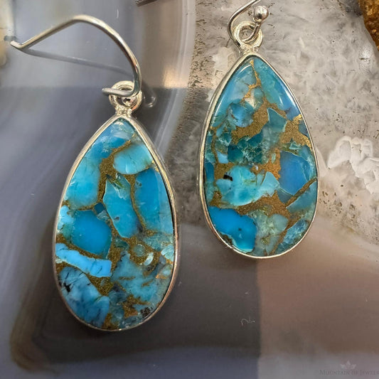 Sterling Silver Southwestern Style Teardrop Cooper Turquoise Dangle Earrings For Women