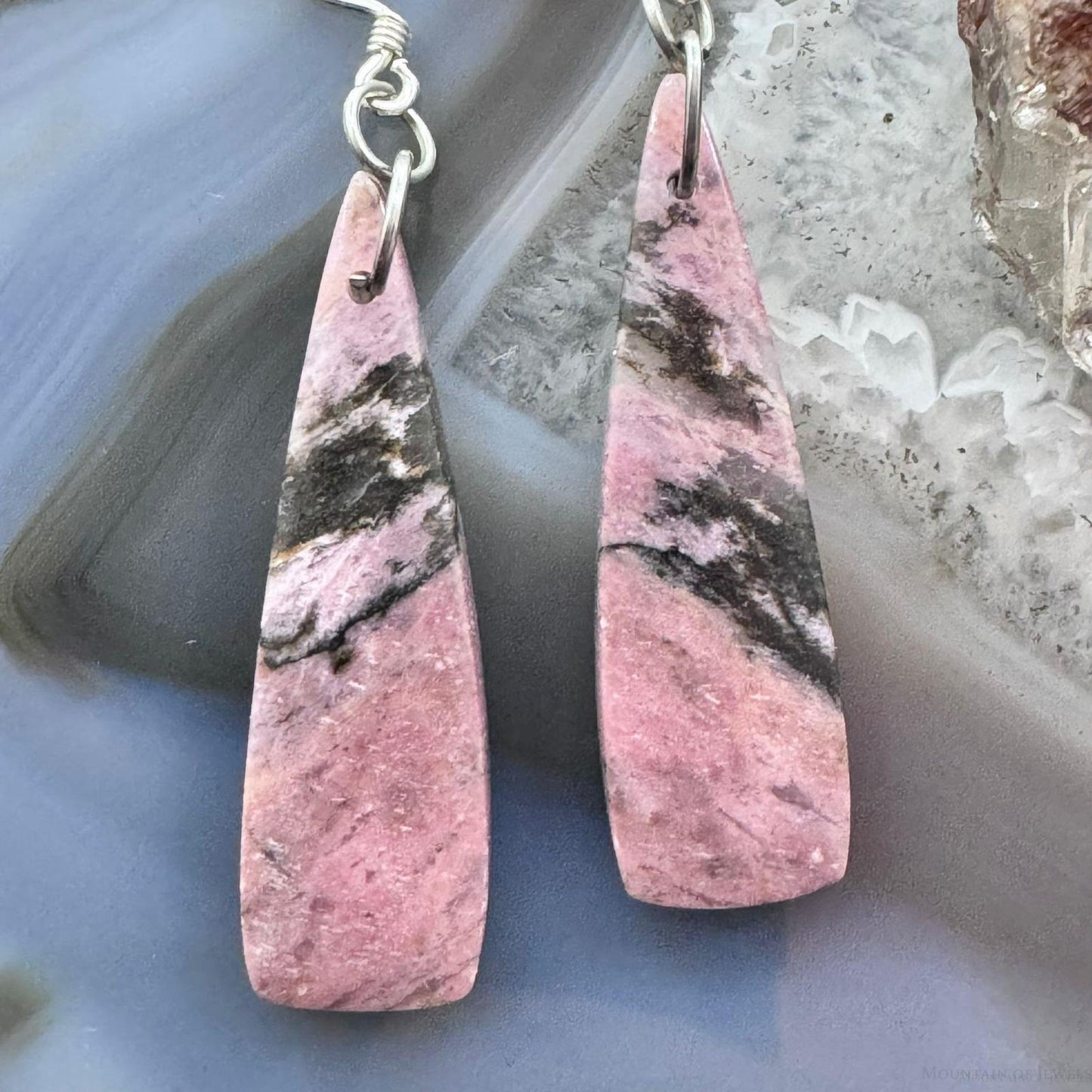 Sterling Silver Elongated Triangle Rhodonite Slab Dangle Earrings For Women #241