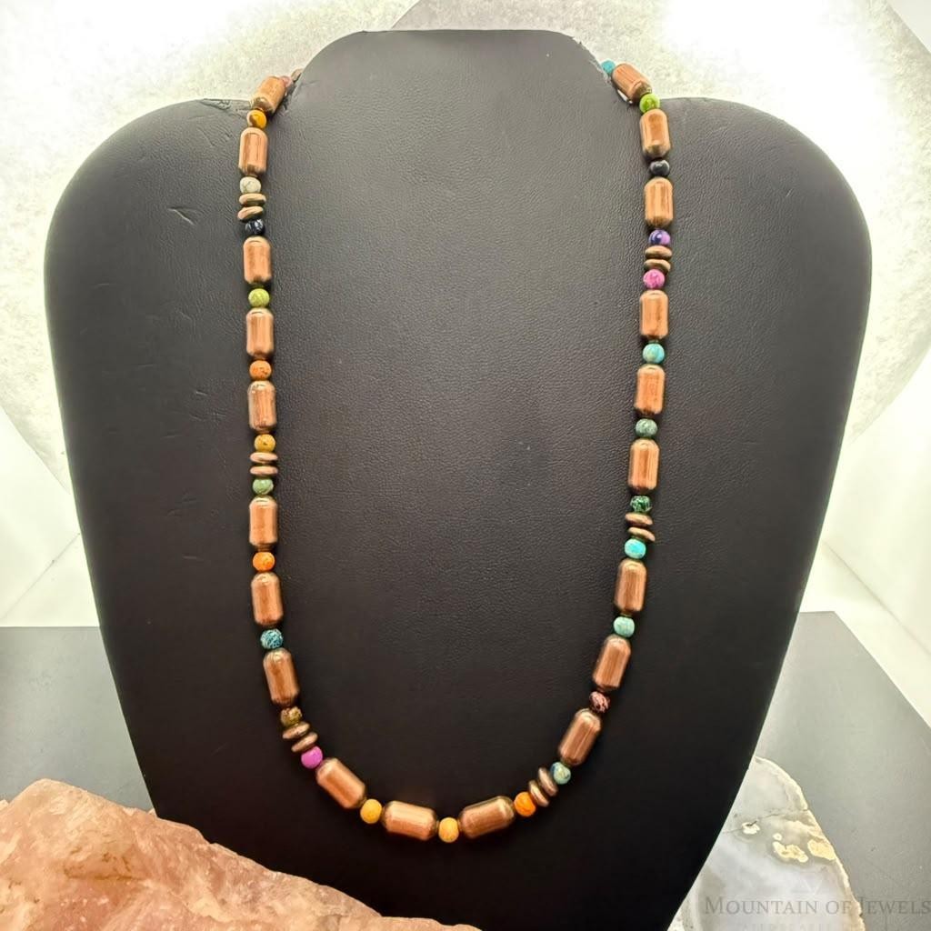 Southwestern Style Copper Navajo Pearl Round &Cylinder w/Multistone 18" Necklace For Women