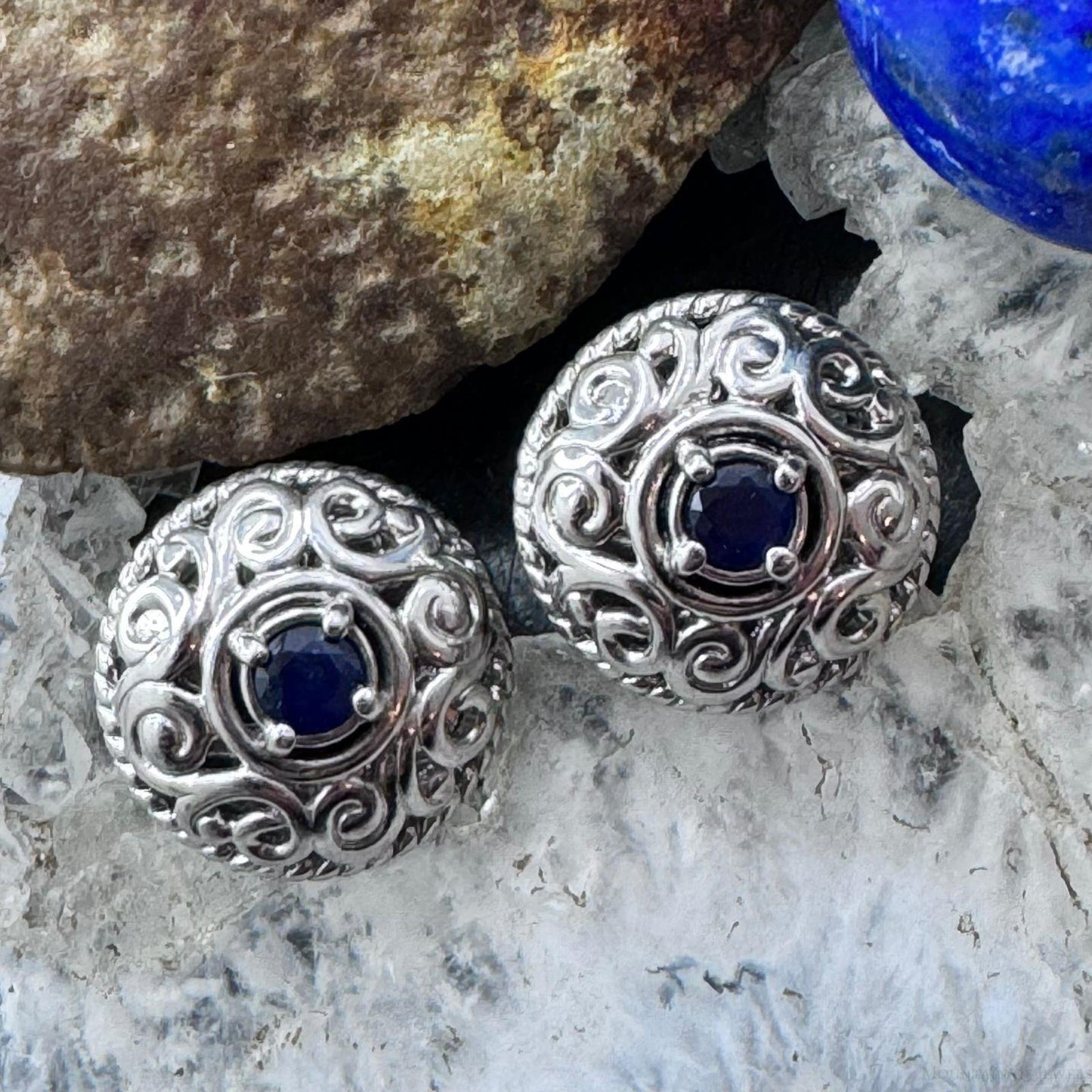 Carolyn Pollack Sterling Silver Faceted Round Sapphire Omega Back Stud Earrings For Women