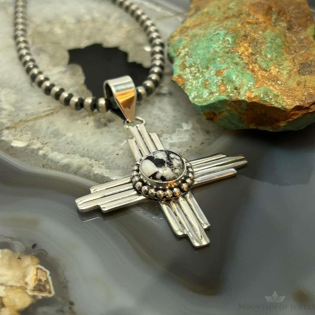 Sterling Silver Southwestern Style Rounded White Buffalo Unisex Zia Pendant #1