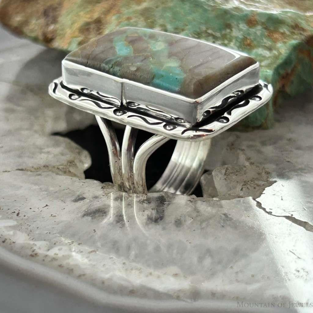 Native American Sterling Silver Rectangle Boulder Ribbon Turquoise Bar Ring Size 7.25 For Women