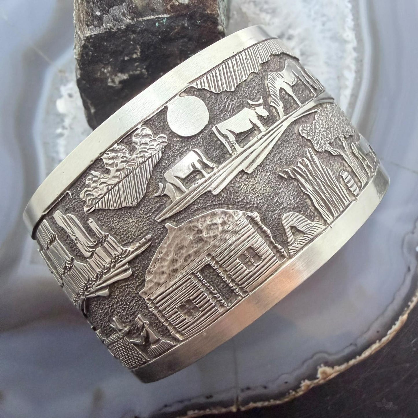 Alex Becenti Native American Sterling Silver Village Life Storyteller Wide Unisex Cuff Bracelet