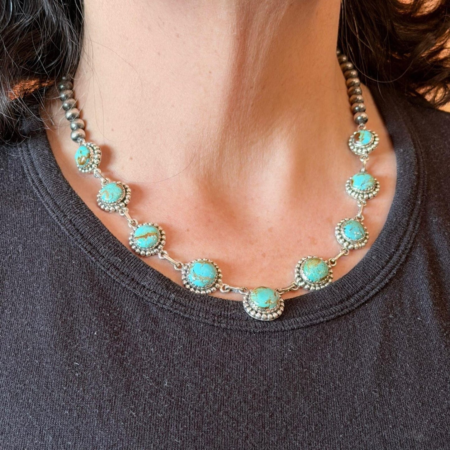 Sterling Southwestern Style Rounded Turquoise & 5mm Navajo Pearl Beads Necklace For Women
