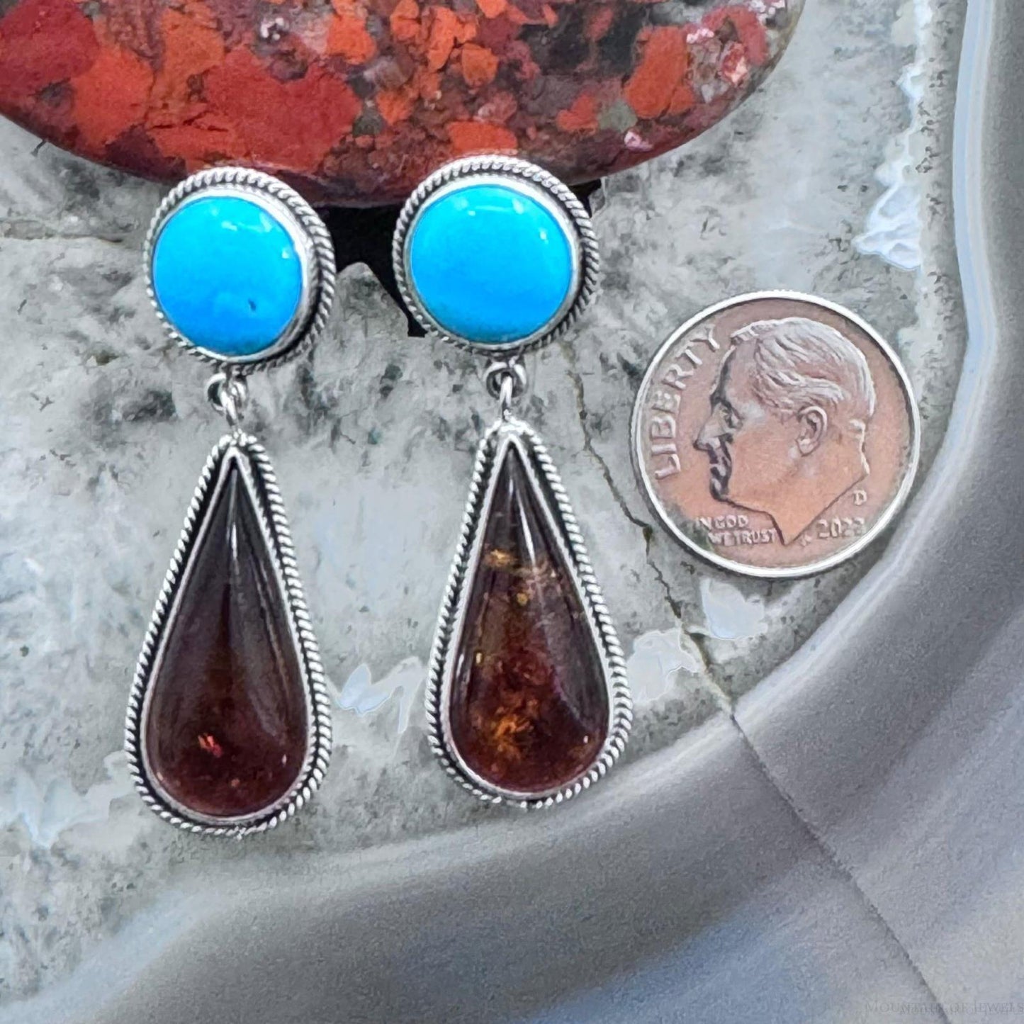 Native American Sterling Silver Turquoise & Amber Dangle Earrings For Women