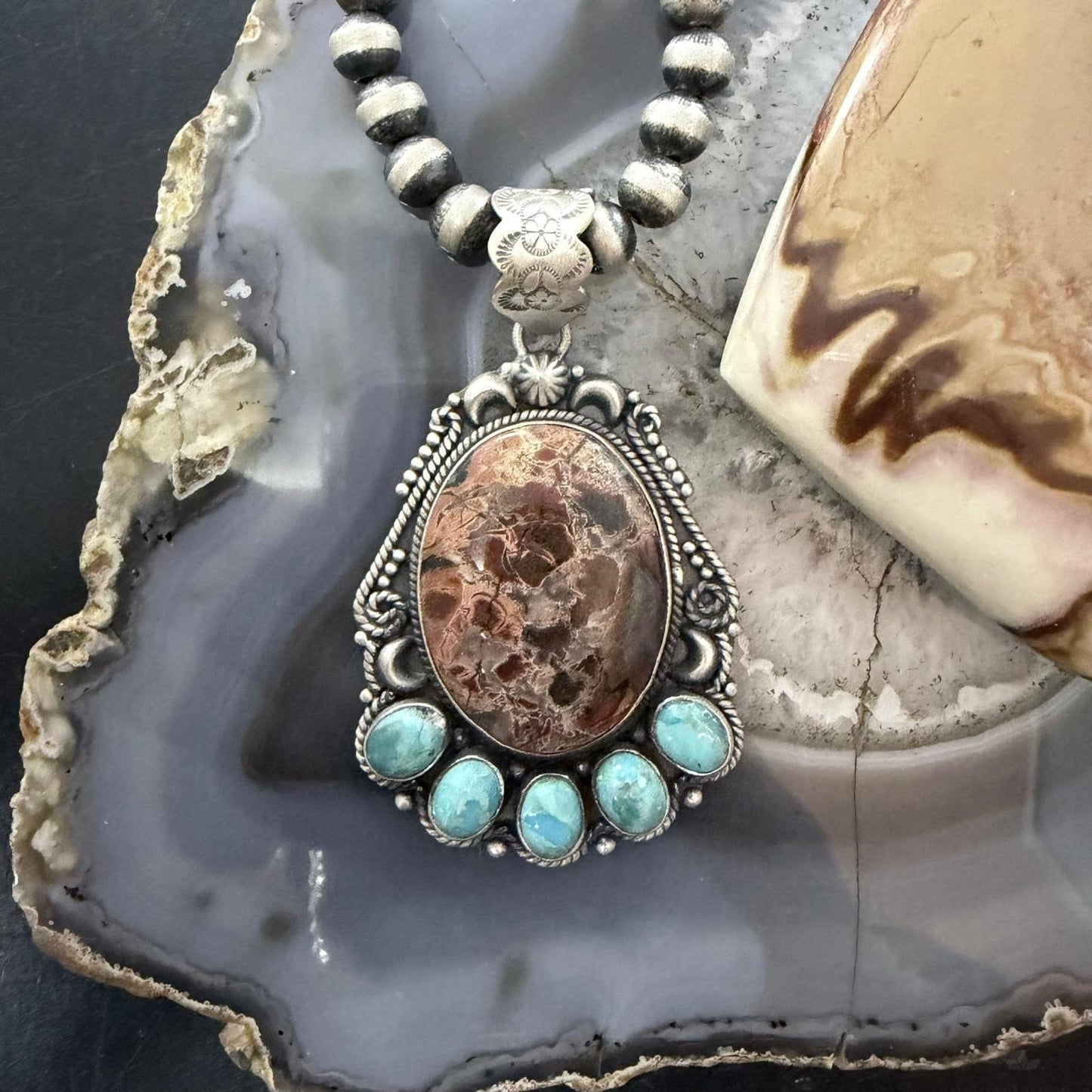 Sterling Silver Southwestern Style Oval Red Creek & Mohave Turquoise Pendant For Women