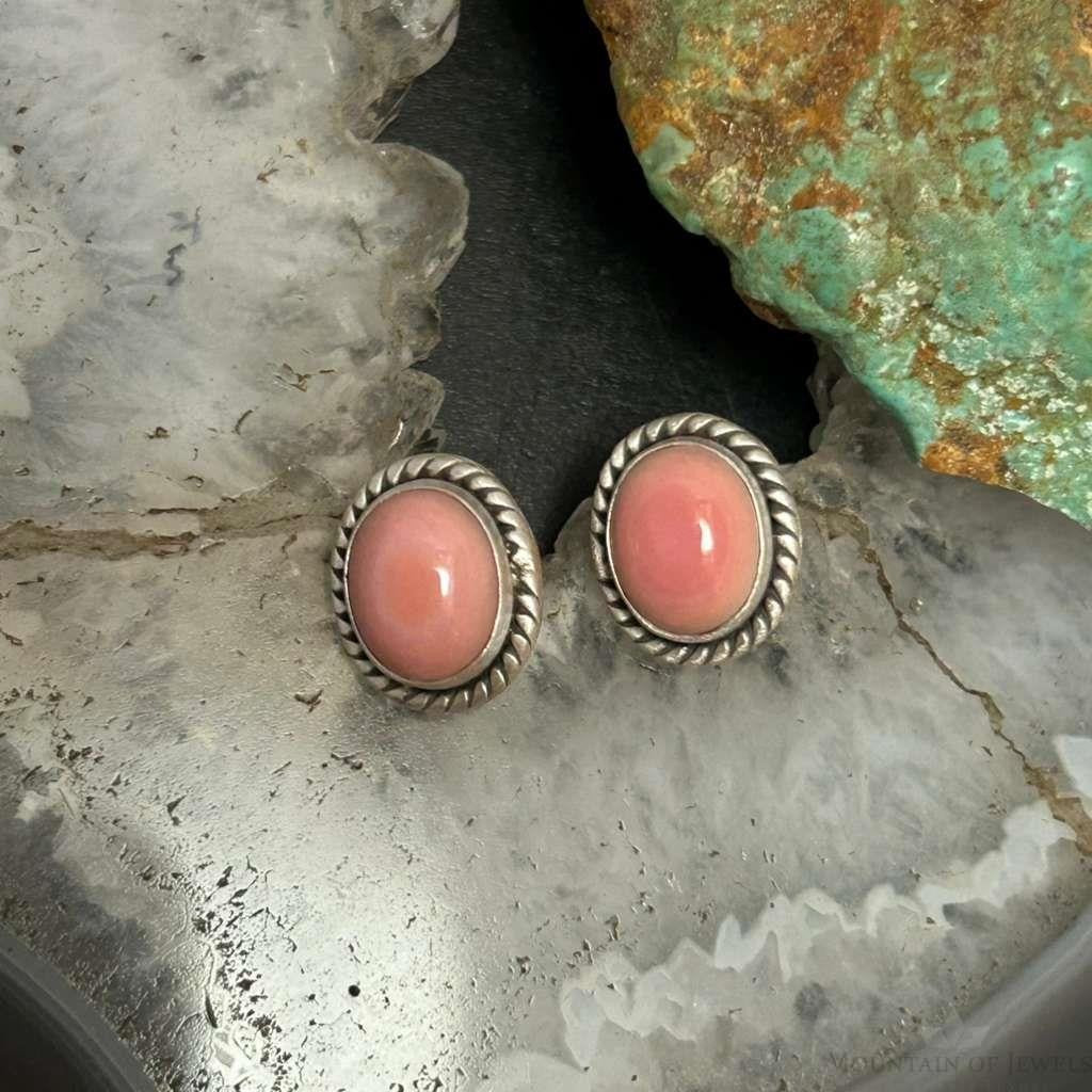 Sterling Silver Southwestern Style Oval Pink Conch Stud Earrings For Women
