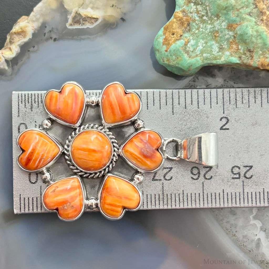 Native American Sterling Silver Hearts Spiny Oyster Cluster Pendant For Women