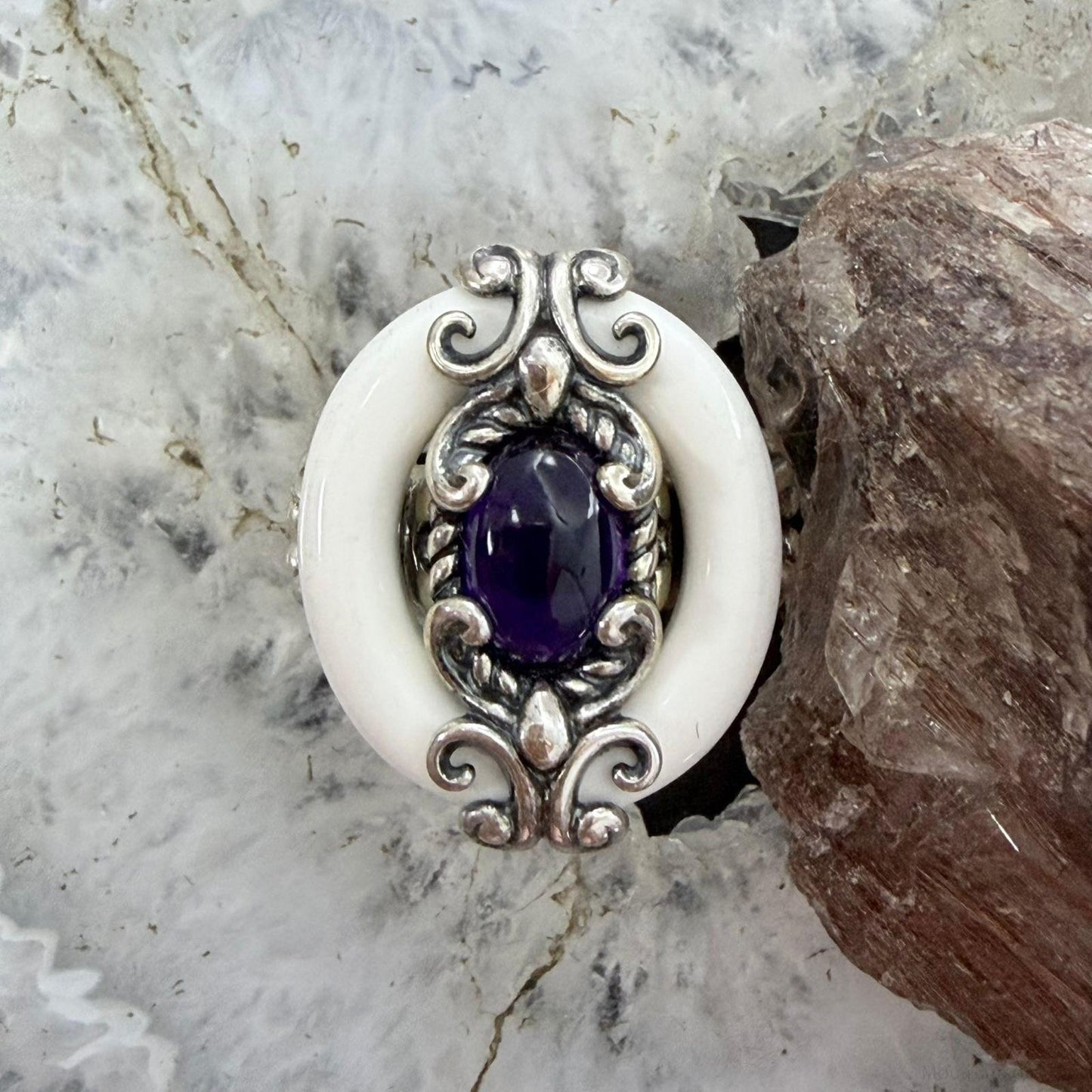 Carolyn Pollack Sterling Silver White Agate & Oval Amethyst Ring Size 7.25 For Women