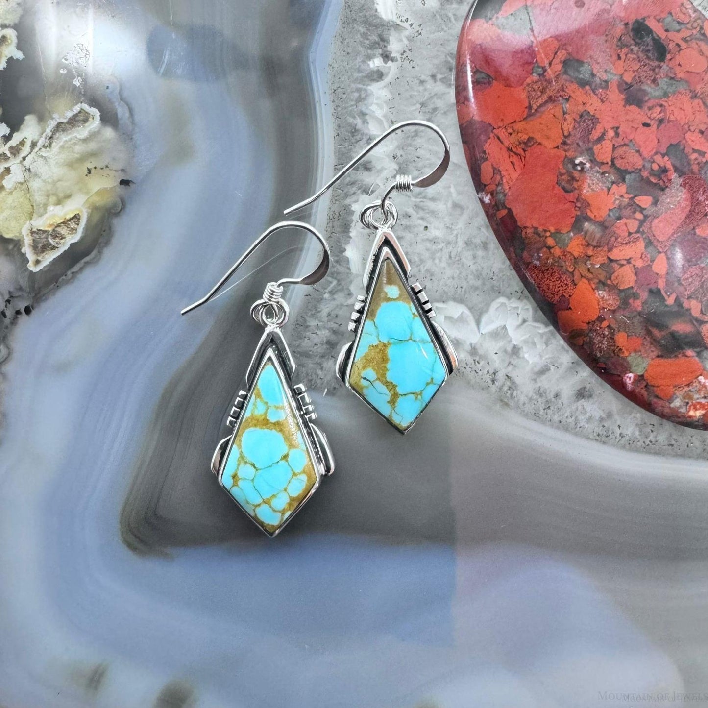 Native American Sterling Silver Kite Matrix Kingman Turquoise Dangle Earrings For Women