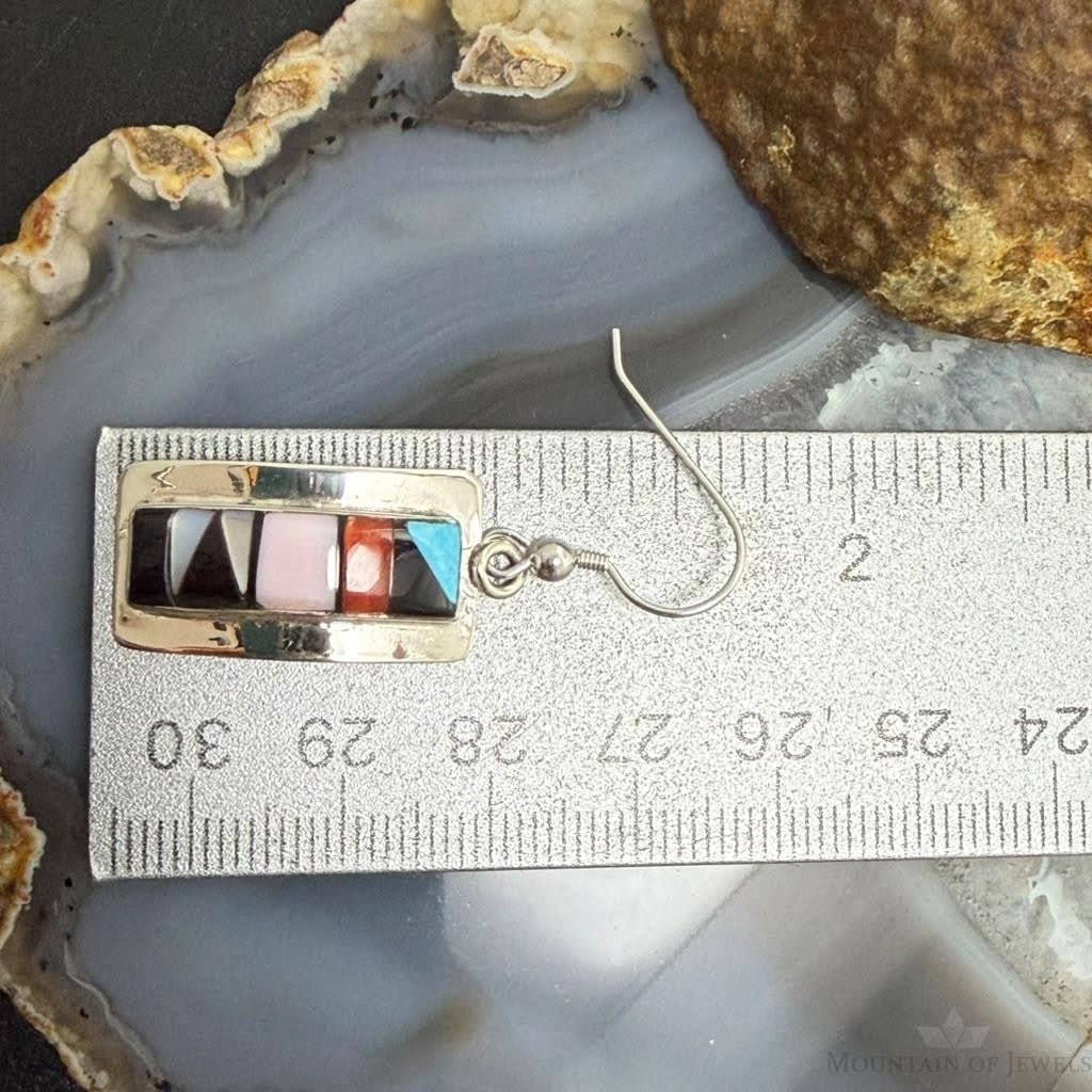 Sheryl Edaakie Zuni Sterling Silver Multistone Inlay Rectangle Dangle Earrings For Women #1