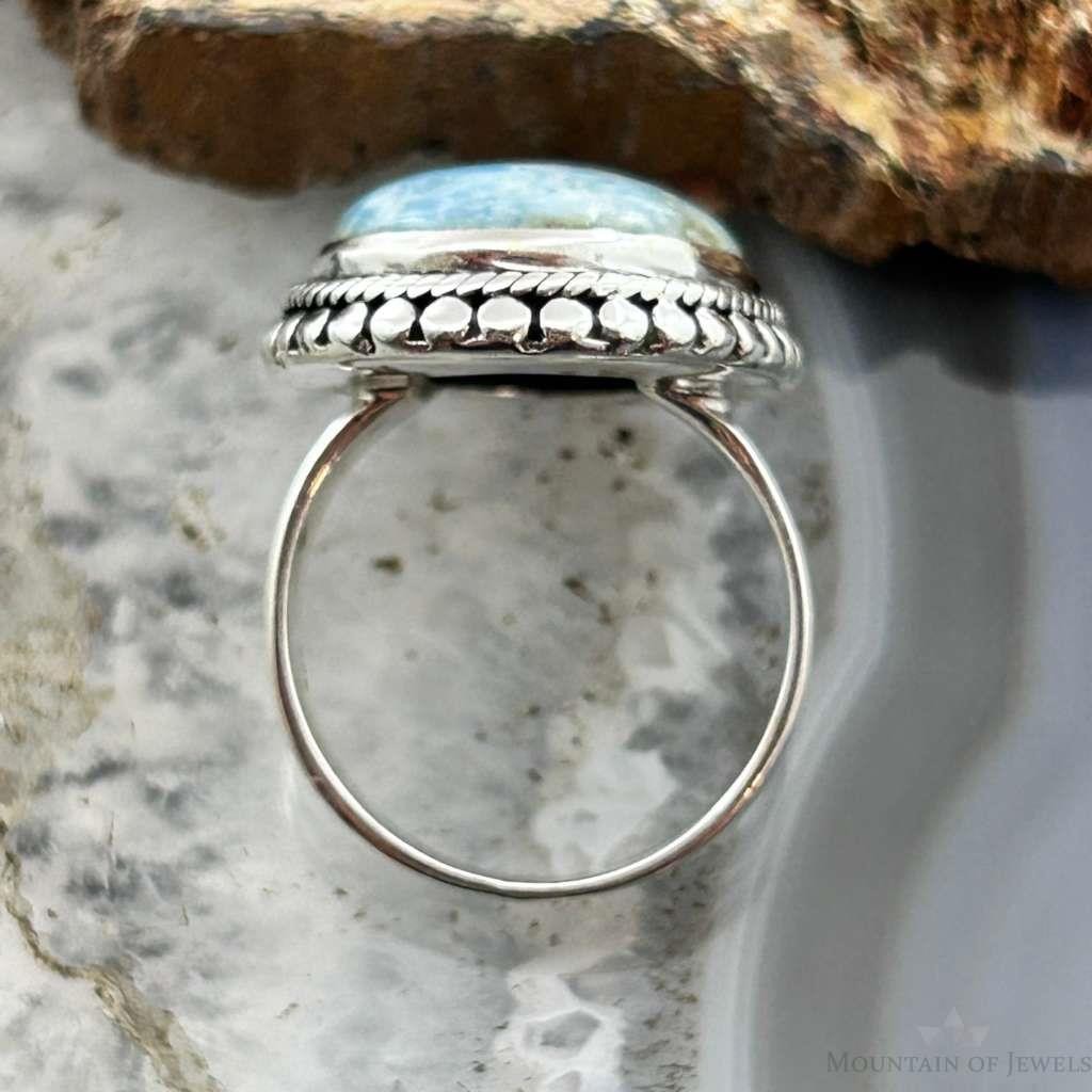 Sterling Silver Southwestern Style Oval Larimar Decorated Bar Ring Size 7 For Women