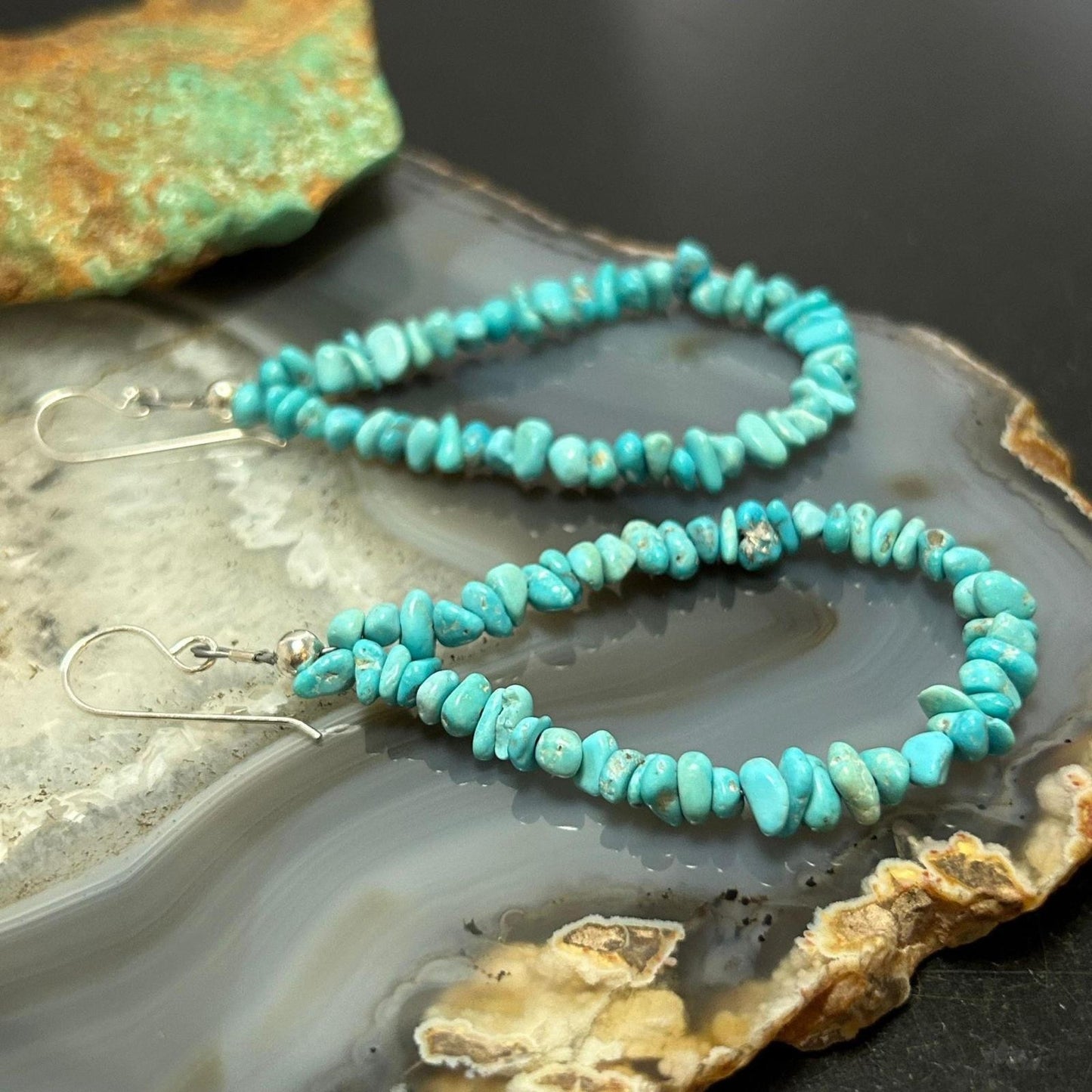 Sterling Silver Blue Natural Turquoise Beads Hoop Earrings For Women