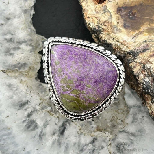 Sterling Silver Southwestern Style Teardrop Stichtite Decorated Ring Size 6.75 For Women