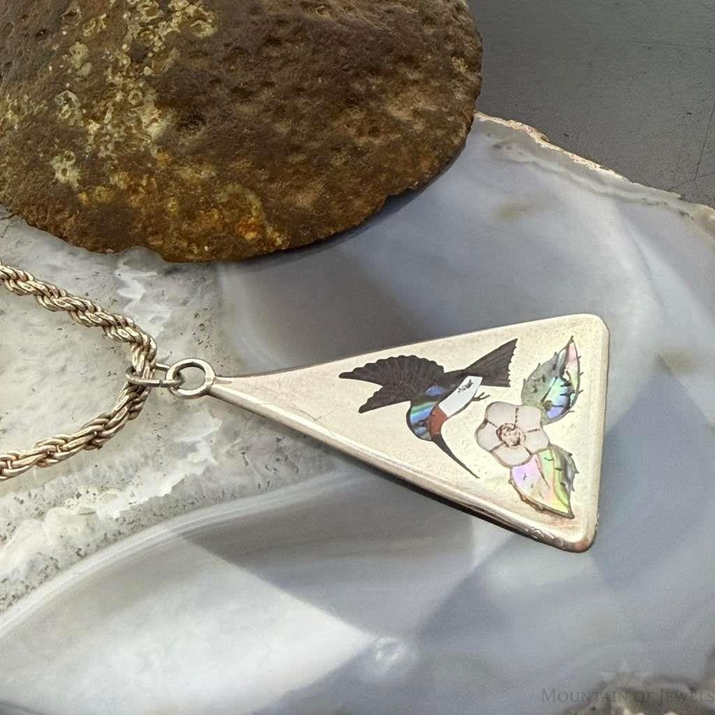 Vintage Linda Barber Zuni Sterling Silver Inlay Hummingbird Pendant For Women