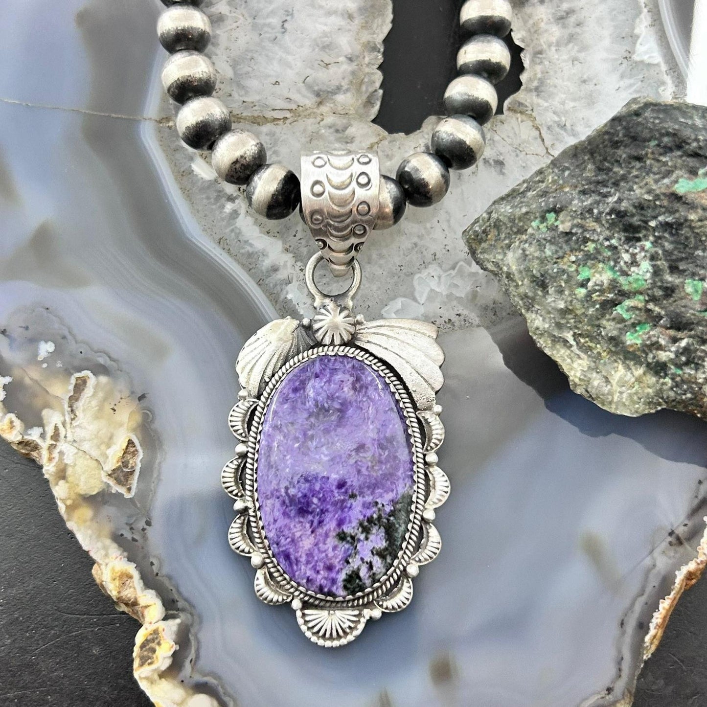 Sterling Silver Southwestern Style Oval Charoite Decorated Pendant For Women #1