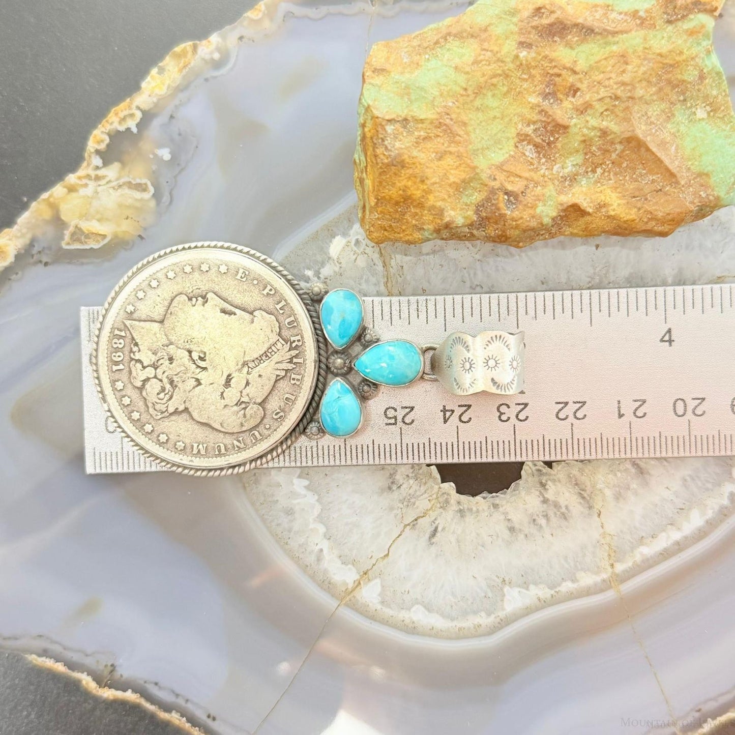 Genuine 1891 90% Silver Morgan Dollar Coin Teardrop Turquoise Decorated Pendant