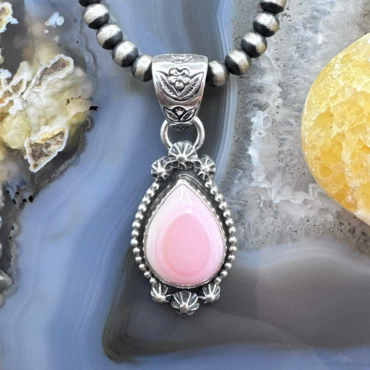 Native American Sterling Silver Teardrop Pink Conch Decorated Pendant For Women