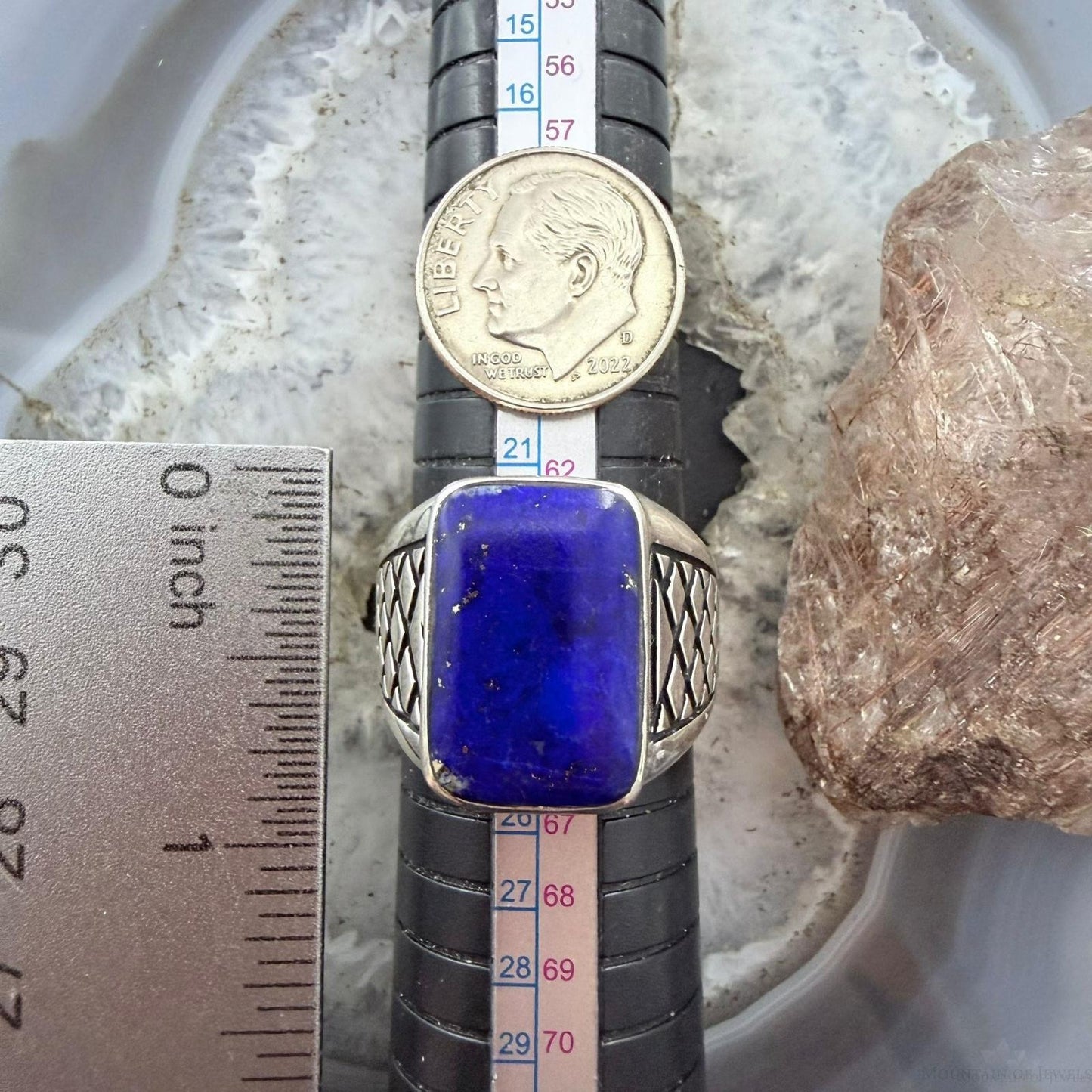 Native American Sterling Silver Lapis Decorated Bar Ring Size 11 For Men