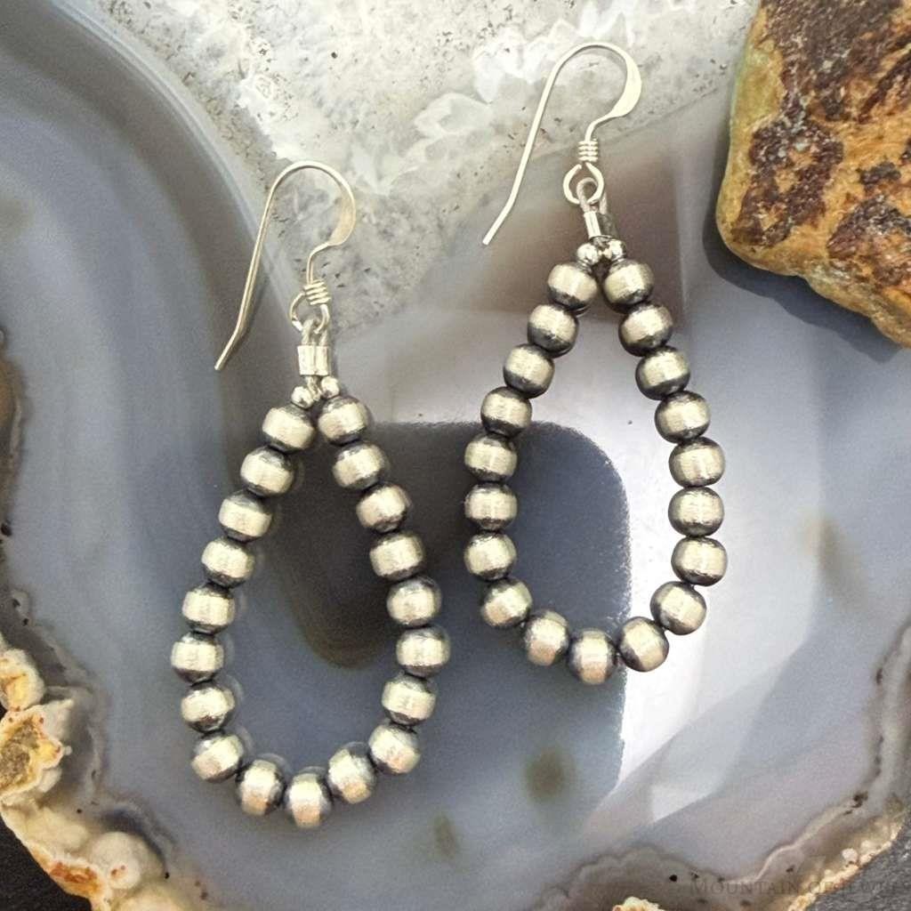 Sterling Silver Southwestern Style 4mm Navajo Pearl Bead Hoop Earrings For Women