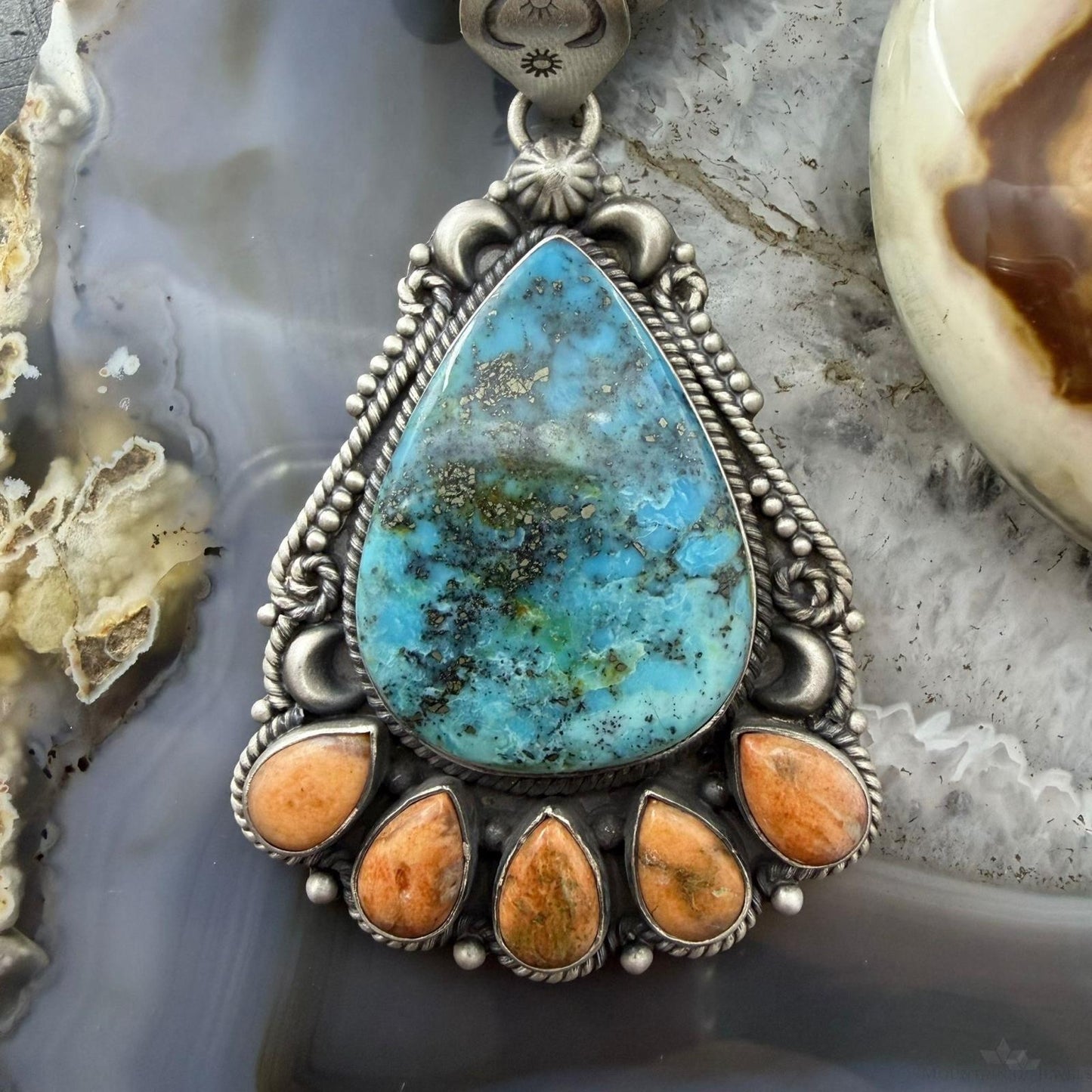 Sterling Silver Southwestern Style Teardrop Turquoise & Spiny Oyster Pendant For Women