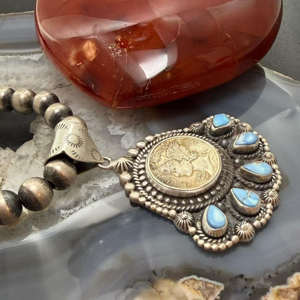 Sterling Silver Southwestern Style 1941 Mercury Dime & Golden Hill Turquoise Pendant