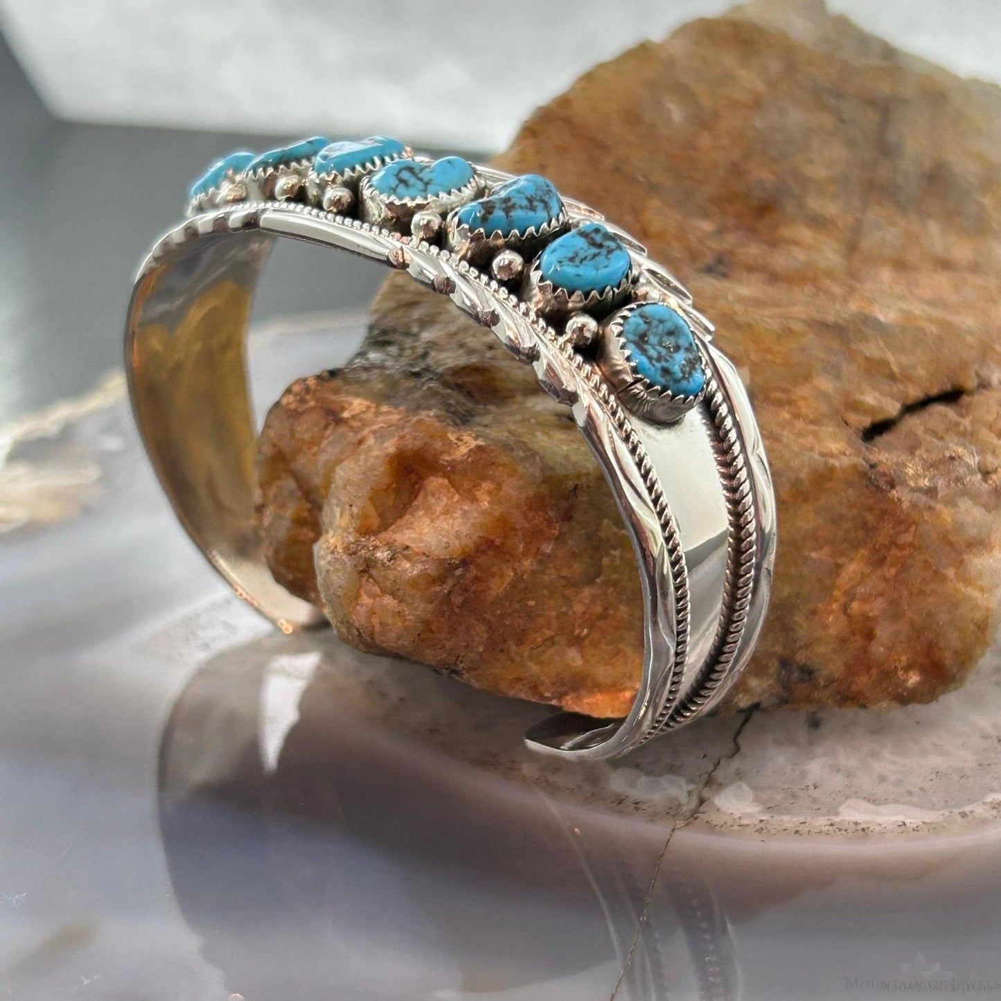 Anita Whitegoat Native American Sterling Silver Turquoise Row Bracelet For Women