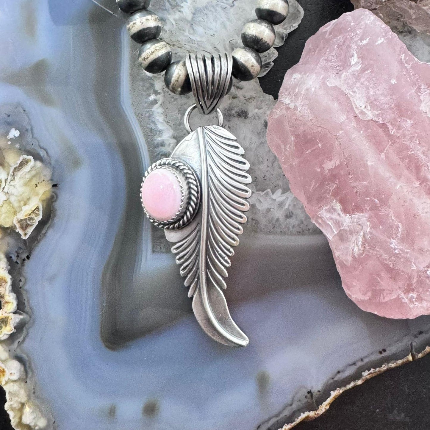 Native American Sterling Silver Oval Pink Conch Feather Pendant For Women